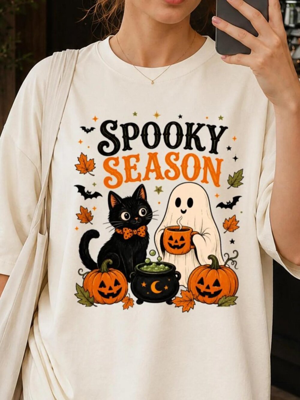 Black Cat Halloween Shirt With Spooky Season Ghost And Pumpkin Graphic On